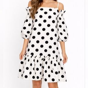 CQ by CQ White & Black Polkadot Cold-shoulder Puff Sleeve Dress